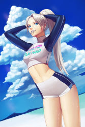 Rule 34 | 1girl, adjusting hair, blue eyes, blush, commentary, day, hair tie, hair tie in mouth, highres, long hair, looking at viewer, mouth hold, navel, original, outdoors, parted lips, ponytail, ppower (lu power), realistic, silver hair, smile, solo, standing, swimsuit, teeth