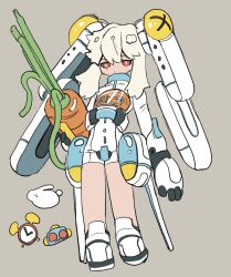 Rule 34 | 1boy, blonde hair, bright pupils, carrot, closed mouth, commentary request, cropped legs, grey background, highres, holding, long hair, looking at viewer, male focus, mechanical arms, mechanical ears, original, red eyes, shima (wansyon144), simple background, solo, standing, three emoji challenge, trap