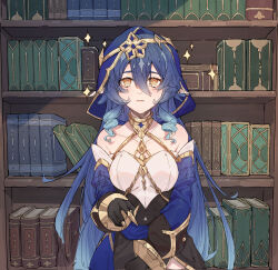 Rule 34 | 1girl, bare shoulders, black gloves, blue hair, blue hood, blue sleeves, book, bookshelf, claw ring, drill hair, drill sidelocks, genshin impact, gloves, gold choker, hair between eyes, highres, hood, hood up, jewelry, layla (genshin impact), looking at viewer, neck ring, pointy ears, sidelocks, solo, twin drills, whitecrow4444, yellow eyes