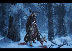 Rule 34 | absurdres, antlers, armor, basedbinkie, black pants, blood, blood on clothes, branch, coat, forest, forsworn, full body, gloves, greaves, hat, highres, holding, holding weapon, horns, letterboxed, long sleeves, nature, original, outdoors, pants, pine tree, skull, snow, snowing, solo, spikes, standing, the elder scrolls, the elder scrolls v: skyrim, tree, weapon, winter