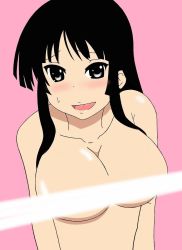 Rule 34 | 00s, 1girl, akiyama mio, black eyes, black hair, blush, breasts, censored, convenient censoring, highres, k-on!, large breasts, light censor, light rays, long hair, looking at viewer, nude, open mouth, pink background, simple background, smile, solo, sweatdrop, upper body, ura basi2