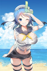 Rule 34 | 10s, 1girl, asahina hikage, bad id, bad pixiv id, beach, black sailor collar, black skirt, blue eyes, blue hair, breasts, cloud, cloudy sky, day, elbow gloves, gloves, grin, hat, kantai collection, large breasts, neckerchief, ocean, one eye closed, outdoors, pleated skirt, sailor collar, sailor hat, school uniform, serafuku, short hair, skirt, sky, sleeves rolled up, smile, solo, urakaze (kancolle), water gun, white gloves, white hat, yellow neckerchief