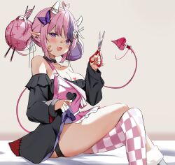 Rule 34 | 1girl, ahoge, alternate costume, apron, bandaid, bandaid on face, bandaid on hand, bandaid on nose, bare shoulders, black choker, blush, breasts, butterfly hair ornament, checkered thighhighs, choker, cleavage, clothes lift, collarbone, crossed legs, demon girl, demon tail, double bun, dress, dress lift, fang, frilled choker, frilled dress, frills, from side, hair bun, hair ornament, hairpin, heart, heart ahoge, heart tattoo, highres, horns, ironmouse, large breasts, long sleeves, looking at viewer, multicolored hair, needle, off-shoulder dress, off shoulder, open mouth, orobou, patchwork clothes, pink hair, pointy ears, purple hair, scissors, seams, sewing needle, short dress, sidelocks, single thighhigh, sitting, skindentation, smile, solo, spool, stitches, string, swept bangs, tail, tattoo, thigh strap, thighhighs, two-tone hair, virtual youtuber, vshojo