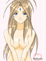 Rule 34 | 1girl, aa megami-sama, belldandy, blue eyes, breasts, breasts squeezed together, brown hair, character name, completely nude, facial mark, forehead mark, heart, long hair, looking at viewer, lowres, nipple slip, nipples, nude, simple background, smile, solo, v arms, white background