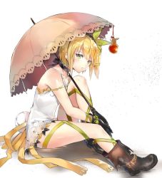 Rule 34 | 1girl, bad id, bad twitter id, bare arms, black gloves, blonde hair, boots, choker, dress, edna (tales), from side, frown, gloves, green eyes, green ribbon, hair ribbon, holding, holding umbrella, hugging own legs, knee up, looking at viewer, normin (tales), ribbon, ribbon choker, shadow, short dress, short hair, side ponytail, sitting, sleeveless, sleeveless dress, solo, soraneko hino, strap slip, tales of (series), tales of zestiria, umbrella, white background