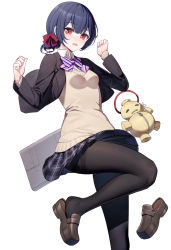 Rule 34 | 1girl, black hair, black jacket, black skirt, bow, breasts, briefcase, brown footwear, collared shirt, commentary request, diagonal-striped bow, feet out of frame, hair between eyes, hair bow, hair bun, hands up, highres, idolmaster, idolmaster shiny colors, jacket, loafers, long sleeves, looking at viewer, morino rinze, open clothes, open jacket, pantyhose, pink bow, plaid, plaid skirt, red bow, red eyes, revision, ririko (zhuoyandesailaer), school briefcase, school uniform, shirt, shoes, simple background, skirt, small breasts, solo, standing, standing on one leg, striped, sweater vest, thighband pantyhose, white background, white shirt