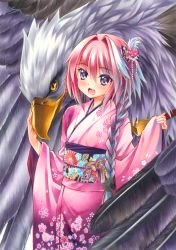 Rule 34 | 1boy, animal, astolfo (fate), bird, blush, braid, commentary request, fate/apocrypha, fate (series), japanese clothes, kimono, male focus, marker (medium), open mouth, oversized animal, pink hair, purple eyes, single braid, smile, traditional media, type-moon, yuto cafe