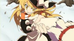 Rule 34 | 1girl, alice margatroid, anime coloring, blonde hair, female focus, grin, hat, kirisame marisa, kitano yuusuke, motion blur, perfect cherry blossom, scarf, smile, snow, solo focus, striped clothes, striped scarf, touhou, witch, witch hat, yellow eyes