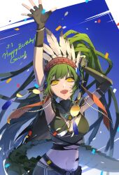 Rule 34 | 1girl, absurdres, arknights, arm behind head, arm up, bare shoulders, beads, bikini, black gloves, breasts, crocodilian tail, dreadlocks, fingerless gloves, gavial (arknights), gavial the invincible (arknights), gloves, green bikini, green hair, hair beads, hair ornament, happy birthday, headdress, highres, long hair, looking up, medium breasts, native american headdress, navel, nyansky, open hand, pointy ears, shoulder tattoo, snake tail, solo, stomach, stomach tattoo, swimsuit, tail, tattoo, upper body, yellow eyes