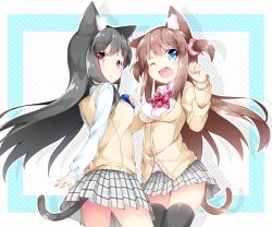 Rule 34 | 2girls, :&lt;, ;d, animal ears, bad id, bad pixiv id, black hair, black legwear, blue bow, blue bowtie, blue eyes, blush, border, bow, bowtie, breasts, brown hair, buttons, cardigan, cat ears, cat tail, closed mouth, collared shirt, cowboy shot, dress shirt, eyebrows, fang, floating hair, hair ornament, hair scrunchie, hand up, inumine aya, long hair, long sleeves, looking at viewer, looking back, looking up, medium breasts, miniskirt, multiple girls, one eye closed, open mouth, original, outside border, panties, pantyshot, paw pose, plaid, plaid bow, plaid bowtie, plaid neckwear, plaid skirt, pleated skirt, polka dot, polka dot background, pout, red bow, red bowtie, red eyes, school uniform, scrunchie, shirt, skirt, smile, tail, two side up, underwear, upskirt, v, white shirt