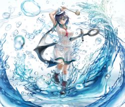 Rule 34 | 1girl, anchor, aqua eyes, arm behind head, arm up, bare arms, black hair, blurry, boots, breasts, covered navel, curvy, depth of field, covered erect nipples, full body, hand up, haruno (kuromitugozen), hat, head tilt, highres, hishaku, holding, leg up, looking at viewer, medium breasts, murasa minamitsu, nipples, no bra, no panties, sailor, sailor collar, sailor hat, see-through, shirt, shoes, short sleeves, shorts, socks, solo, standing, standing on one leg, touhou, water, water drop, wet, wet clothes, wet hair, wet shirt