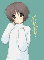 Rule 34 | 1boy, androgynous, bad id, bad pixiv id, blush, brown eyes, brown hair, little busters!, male focus, masayu, naoe riki, ribbed sweater, short hair, simple background, solo, sweater