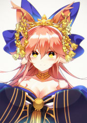 Rule 34 | animal ears, bell, blue ribbon, blush, bow, breasts, cleavage, collarbone, fate/grand order, fate (series), fox ears, fromchawen, hair bow, hair ribbon, japanese clothes, jingle bell, large breasts, long hair, looking at viewer, off shoulder, official alternate costume, pink hair, ribbon, simple background, solo, tamamo (fate), tamamo no mae (fate/extra), tamamo no mae (third ascension) (fate), very long hair, white background, yellow eyes