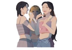 Rule 34 | 3girls, ^ ^, animification, annoyed, belt, black pants, blonde hair, blue pants, braid, brown belt, camisole, chaeyoung (twice), closed eyes, cropped shirt, denim, earrings, frown, grey camisole, grey shirt, grey skirt, hair behind ear, hand on another&#039;s chin, highres, jeans, jewelry, k-pop, long hair, midriff, mina (twice), mole, mole under eye, multicolored hair, multiple girls, nayeon (twice), pants, pink shirt, pleated skirt, real life, sabdagio, shirt, skirt, smile, strapless, strapless shirt, streaked hair, twice (group), twin braids, very long hair, white background