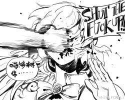 Rule 34 | 1girl, blood, blood splatter, bow, bowtie, collared dress, dress, english text, face punch, greyscale, in the face, kishin sagume, monochrome, motion blur, motion lines, profanity, punching, ruukii drift, simple background, single wing, sketch, solo, touhou, translation request, upper body, watermark, white background, wings
