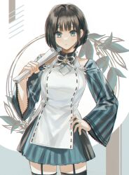 Rule 34 | 1girl, absurdres, bare shoulders, bell, black hair, black skirt, black thighhighs, blue eyes, blue skirt, blue sleeves, blush, bob cut, closed mouth, collared shirt, cowboy shot, detached sleeves, expressionless, garter straps, hand fan, hand on own hip, highres, holding, holding fan, long bangs, long sleeves, looking at viewer, ma yoyo, miniskirt, neck bell, neck ribbon, original, pleated skirt, ribbon, shirt, short hair, side slit, simple background, skirt, sleeveless, sleeveless shirt, slit pupils, solo, stitches, straight-on, striped sleeves, thighhighs, thighs, two-tone skirt, white background, white ribbon, wide sleeves