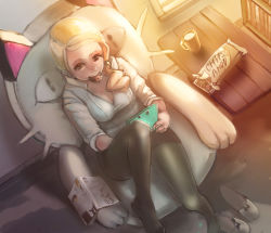 Rule 34 | 1girl, black pantyhose, blonde hair, breasts, chair, cleavage, cookie, creatures (company), cup, eating, food, food in mouth, from above, game freak, gen 1 pokemon, handheld game console, light, long hair, manga (object), medium breasts, meowth, milk, mouth hold, mug, nintendo, nintendo ds, npc trainer, orange eyes, pantyhose, playing games, pokemon, pokemon (creature), revision, sitting, skirt, slippers, unworn slippers, solo, table, waitress (pokemon), wizard898, working!!