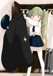 Rule 34 | + +, 1girl, anchovy (girls und panzer), anzio school uniform, barashiya, belt, black belt, black cape, black necktie, black ribbon, black skirt, blush stickers, cape, unworn cape, closed mouth, closet, coat, commentary, dress shirt, drill hair, girls und panzer, green hair, hair ribbon, highres, holding, holding cape, holding clothes, indoors, long hair, long sleeves, miniskirt, necktie, pantyhose, pleated skirt, red eyes, ribbon, school uniform, shirt, skirt, smile, solo, sparkle, standing, twin drills, twintails, white pantyhose, white shirt