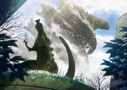 Rule 34 | apocalypse, bare tree, bird, blue eyes, blue sky, building, city, cityscape, claws, cloud, cloudy sky, destruction, epic, flock, flower, flying, fog, from below, giant, giant monster, godzilla, godzilla: king of the monsters, godzilla (monsterverse), godzilla (series), godzilla (shin), highres, kaijuu, leaf, legendary pictures, light rays, looking away, monster, monsterverse, nature, overgrown, post-apocalypse, scales, shin godzilla, sky, spines, standing, statue, suttoko, teeth, toho, tree