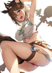 Rule 34 | 1girl, arm up, armpits, atelier (series), atelier ryza, atelier ryza 2, belt, blush, breasts, brown belt, brown eyes, brown gloves, brown hair, brown thighhighs, choker, cleavage, flask, gloves, hat, large breasts, leather, leather belt, leather gloves, looking at viewer, open mouth, partially fingerless gloves, red shorts, reisalin stout, round-bottom flask, short hair, short shorts, shorts, simple background, single thighhigh, smile, solo, thighhighs, white background, white hat, xe (execut3r)