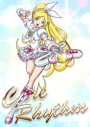 10s 1girl blonde_hair boots braid character_name choker cure_rhythm dress eyelashes fantastic_belltier female_focus frills full_body green_eyes hairband knee_boots long_hair magical_girl minamino_kanade precure puffy_sleeves smile solo suite_precure toratora_(1972-08-30) white_choker wrist_cuffs