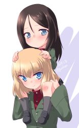 Rule 34 | 2girls, black footwear, black hair, black skirt, black socks, blonde hair, blue eyes, blush, carrying, closed mouth, commentary, dated, emblem, frown, girls und panzer, green jacket, hands on another&#039;s head, highres, jacket, katyusha (girls und panzer), kuzuryuu kennosuke, light blush, loafers, long hair, long sleeves, looking at viewer, multiple girls, nonna (girls und panzer), one-hour drawing challenge, pleated skirt, pravda school uniform, raised eyebrow, red shirt, role reversal, school uniform, shirt, shoes, short hair, shoulder carry, simple background, skirt, smile, socks, standing, swept bangs, turtleneck, twitter username, white background