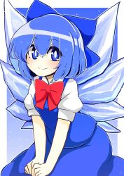 Rule 34 | 1girl, azumaya toushirou, bad id, bad pixiv id, blue bow, blue eyes, blue hair, blue skirt, bow, bowtie, cirno, closed mouth, commentary request, hair bow, highres, ice, ice wings, red bow, red bowtie, short hair, short sleeves, skirt, smile, solo, touhou, wings