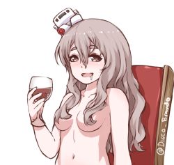 Rule 34 | 10s, 1girl, arm at side, breasts, censored nipples, chair, disco brando, drooling, hair between eyes, hair censor, kantai collection, light brown hair, long hair, looking at viewer, medium breasts, open mouth, pola (kancolle), saliva, sitting, solo, topless frame, upper body, wavy hair