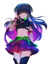 Rule 34 | 1girl, belt, black hair, blue thighhighs, blunt bangs, breasts, cowboy shot, crop top, detached sleeves, floating hair, hand in own hair, highres, idolmaster, idolmaster shiny colors, kneeichigo, layered skirt, long hair, long sleeves, looking at viewer, mayuzumi fuyuko, midriff, miniskirt, multicolored hair, navel, pleated skirt, polka dot sleeves, purple skirt, simple background, sketch, skirt, small breasts, solo, standing, stomach, thighhighs, two side up, very long hair, white background, yellow eyes, zettai ryouiki