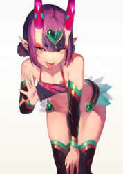 Rule 34 | 1girl, bent over, blunt bangs, bottomless, chinese clothes, clothes lift, detached sleeves, dudou, earrings, eyeshadow, fangs, fate/grand order, fate (series), female focus, flat chest, gradient background, headpiece, highres, horns, jewelry, leaning forward, lifting own clothes, looking at viewer, main0567, makeup, navel, pointy ears, purple eyes, purple hair, red eyeshadow, shirt lift, short hair, shuten douji (fate), shuten douji (fate/grand order), shuten douji (halloween caster) (fate), skin-covered horns, solo, standing, stomach, thick eyebrows, thighhighs, tongue, tongue out, white background