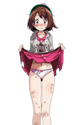 Rule 34 | 1girl, blush, bow, bow panties, breasts, brown eyes, brown hair, bruise, cardigan, collarbone, commentary request, creatures (company), dirty, dirty face, game freak, gloria (pokemon), green hat, grey cardigan, hat, injury, legs, lifted by self, looking at viewer, navel, nintendo, panties, pink bow, pokemon, pokemon swsh, scared, short hair, simple background, solo, standing, tam o&#039; shanter, tears, torn clothes, torn panties, tsukishiro saika, underwear, white background, white panties
