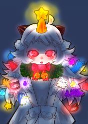 Rule 34 | 10s, 1girl, absurdres, abyssal ship, ahoge, chixida, christmas, christmas ornaments, christmas tree costume, dress, failure penguin, glowing, glowing eyes, hair ornament, highres, horns, kantai collection, long hair, looking at viewer, miss cloud, mittens, northern ocean princess, open mouth, pale skin, red eyes, shade, silver hair, solo, v arms, white dress, white mittens