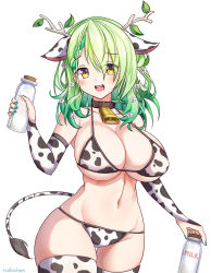 Rule 34 | 1girl, :d, animal ears, animal print, antlers, bell, bikini, bottle, braid, breasts, ceres fauna, cleavage, cow ears, cow print, cow print bikini, cow tail, cowbell, french braid, green hair, green nails, highres, hololive, hololive english, horns, large breasts, leaf, long hair, midriff, milk, milk bottle, nail polish, navel, neck bell, open mouth, print bikini, roshi chen, simple background, smile, solo, swimsuit, tail, thighhighs, virtual youtuber, white background, yellow eyes, zettai ryouiki