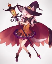 Rule 34 | 1girl, animal ears, bare legs, blush, boots, brown footwear, cloak, dress, ears through headwear, full body, grey background, hair between eyes, halloween, hat, holding, holding staff, long hair, looking at viewer, open mouth, orange dress, original, pink hair, purple eyes, shugao, sidelocks, simple background, solo, staff, tail, wavy hair, witch, witch hat, wrist cuffs
