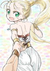 Rule 34 | 1boy, 1girl, arm grab, armlet, ass, blonde hair, chrono, chrono trigger, commentary request, green eyes, jewelry, long hair, marle (chrono trigger), necklace, open mouth, ponytail, pov, s-a-murai, smile