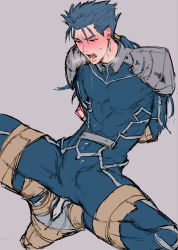 Rule 34 | 1boy, arms behind back, bdsm, blue hair, blush, bodysuit, bondage, bound, cu chulainn (fate), drooling, fate/zero, fate (series), full-face blush, grey background, highres, cu chulainn (fate/stay night), male focus, ponytail, red eyes, saliva, sennin (inoinox), simple background, sitting, solo, spread legs, tape