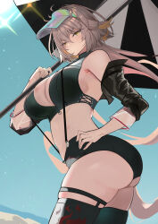 Rule 34 | 1girl, absurdres, ass, bare shoulders, bikini, black bikini, black jacket, black thighhighs, black vest, breasts, cleavage, cropped vest, fate/grand order, fate (series), grey hair, hareno chiame, highleg, highleg bikini, highres, jacket, jeanne d&#039;arc alter (avenger) (fate), jeanne d&#039;arc alter (fate), large breasts, long hair, long sleeves, looking at viewer, o-ring, off shoulder, open clothes, open jacket, solo, swimsuit, thighhighs, thighs, umbrella, underboob, very long hair, vest, visor cap, yellow eyes
