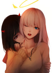 Rule 34 | 2girls, angel and devil, beige sweater, biting, black hair, blonde hair, blood, blue eyes, cross, cross necklace, demon horns, halo, hand on another&#039;s arm, highres, horns, jewelry, latin cross, lips, long hair, multiple girls, neck biting, necklace, open mouth, original, red eyes, red lips, red shirt, shimmer, shirt, simple background, sweater, tearing up, teeth, upper body, vampire, white background, yuri