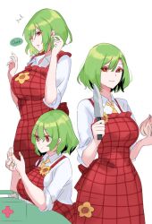 Rule 34 | 1girl, adapted costume, apron, ascot, bandaid, breasts, collared shirt, commentary, commentary request, elbows on table, first aid kit, flower, food, green hair, hand on own ear, holding, holding food, holding knife, kazami yuuka, knife, large breasts, long sleeves, multiple views, onion, plaid, plaid apron, red apron, red eyes, shirt, short hair, speech bubble, sunflower, table, tohoyuukarin, touching ears, touhou, white background, white shirt, yellow ascot