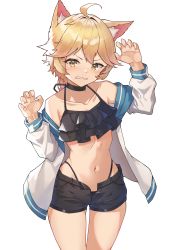 Rule 34 | 1boy, absurdres, aether (genshin impact), ahoge, alternate costume, animal ears, bare shoulders, bikini, black bikini, blonde hair, blush, braid, braided ponytail, choker, clenched teeth, crossdressing, frilled bikini, frills, genshin impact, highres, jacket, long sleeves, looking at viewer, matthew (1814323273), navel, off shoulder, open clothes, open fly, open jacket, paw pose, short shorts, shorts, simple background, swimsuit, teeth, trap, white background, yellow eyes
