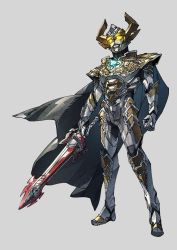 Rule 34 | 1boy, armor, aura, black bodysuit, black cape, bodysuit, boots, breastplate, cape, chest armor, clenched hand, commentary request, cowboy shot, cropped legs, gauntlets, giant, gold armor, gold horns, highres, holding, holding sword, holding weapon, horns, light, male focus, official alternate costume, open hand, orb, paintedmike, science fiction, solo, sword, taiga photon earth, thigh boots, tokusatsu, ultra series, ultraman taiga, ultraman taiga (series), weapon, yellow eyes