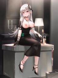 Rule 34 | 1girl, absurdres, anklet, arknights, bad id, bad pixiv id, black choker, black dress, black footwear, black gloves, blush, bottle, bracelet, breasts, breasts out, candle, choker, cleavage, closed mouth, clothes lift, collarbone, cup, detached sleeves, dress, drink, drinking glass, earrings, full body, gloves, hair ornament, hammer, heart, high heels, highres, holding, holding cup, horns, indoors, jewelry, lamp, large breasts, lingshalan, long hair, looking at viewer, mudrock (arknights), mudrock (obsidian) (arknights), necklace, nipples, official alternate costume, pointy ears, purple eyes, short sleeves, signature, single earring, single glove, sitting, smile, solo, very long hair, white wine, wine