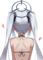 Rule 34 | 1girl, absurdres, alpha beast, back, black ribbon, blue archive, dark-skinned female, dark skin, from behind, grey hair, grey halo, hair ribbon, halo, heart, highres, iori (blue archive), long hair, pointy ears, ribbon, simple background, solo, upper body, white background