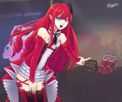 Rule 34 | 1girl, azzypics, bare shoulders, black ribbon, blue eyes, detached collar, detached sleeves, baobhan sith (fate), fate/grand order, fate (series), frilled skirt, frills, hair ornament, highres, long hair, looking at viewer, pointing, pointy ears, price tag, red hair, ribbon, shoes, sidelocks, skirt, solo, thighhighs