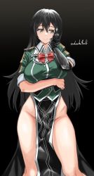 Rule 34 | 1girl, absurdres, akasaka4005, black gloves, black hair, black skirt, breasts, chikuma (kancolle), elbow gloves, gloves, grey eyes, hand on own cheek, hand on own face, highres, kantai collection, large breasts, long hair, long skirt, no panties, pelvic curtain, puffy short sleeves, puffy sleeves, short sleeves, side slit, single elbow glove, single glove, skirt, solo