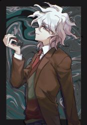 Rule 34 | 1boy, aji kosugi, black border, border, brown jacket, buttons, commentary request, cowboy shot, danganronpa (series), danganronpa 3 (anime), from side, grey eyes, grey hair, hair between eyes, hand up, highres, holding, hope&#039;s peak academy school uniform, jacket, komaeda nagito, long sleeves, looking at viewer, looking to the side, male focus, medium hair, multicolored background, open clothes, open jacket, profile, red neckwear, school uniform, shirt, smile, solo, upper body, vest, white shirt