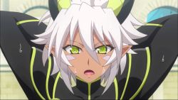 Rule 34 | 10s, 1girl, animated, animated gif, bouncing breasts, breasts, cleavage, dark skin, dark-skinned female, demon girl, female focus, horns, large breasts, no bra, screencap, shinmai maou no testament, short hair, solo, sweat, white hair, yellow eyes, zest