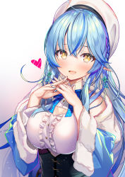 Rule 34 | 1girl, :d, ahoge, atori, bare shoulders, beret, blue hair, blue nails, blue ribbon, blush, braid, breasts, center frills, cleavage, cleavage cutout, clothing cutout, corset, elf, eyelashes, flower, frills, fur trim, gradient background, hair between eyes, hair flower, hair ornament, hair over breasts, hat, heart, hololive, interlocked fingers, large breasts, long hair, long sleeves, looking at viewer, nail polish, neck ribbon, off shoulder, open mouth, own hands together, pointy ears, ribbon, side braid, smile, solo, upper body, virtual youtuber, white background, yellow eyes, yukihana lamy