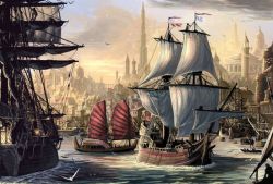 Rule 34 | anchor, bird, boat, building, city, cityscape, cloud, dungeons &amp; dragons, fantasy, flag, junk, landscape, ocean, port, sail, scenery, seagull, ship, water, watercraft