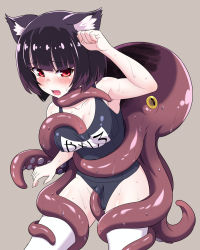 Rule 34 | 1girl, animal ears, azur lane, black hair, blunt bangs, blush, breasts, cat ears, cleavage, commentary request, cowboy shot, fang, grey background, highres, kanabuso, medium breasts, octopus, octopus tentacles, one-piece swimsuit, open mouth, red eyes, restrained, school uniform, short hair, simple background, solo, swimsuit, tentacles, thighhighs, wet, white thighhighs, yamashiro (azur lane), yamashiro (summer offensive?) (azur lane)